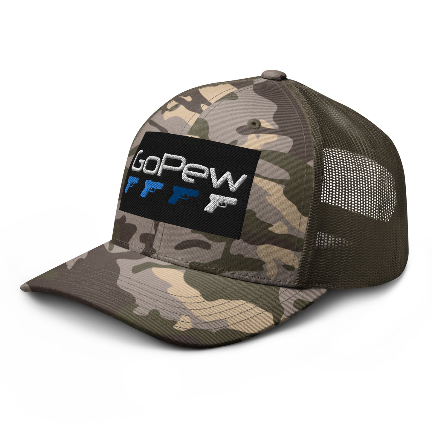 Go Pew Pistols Camouflage trucker hat