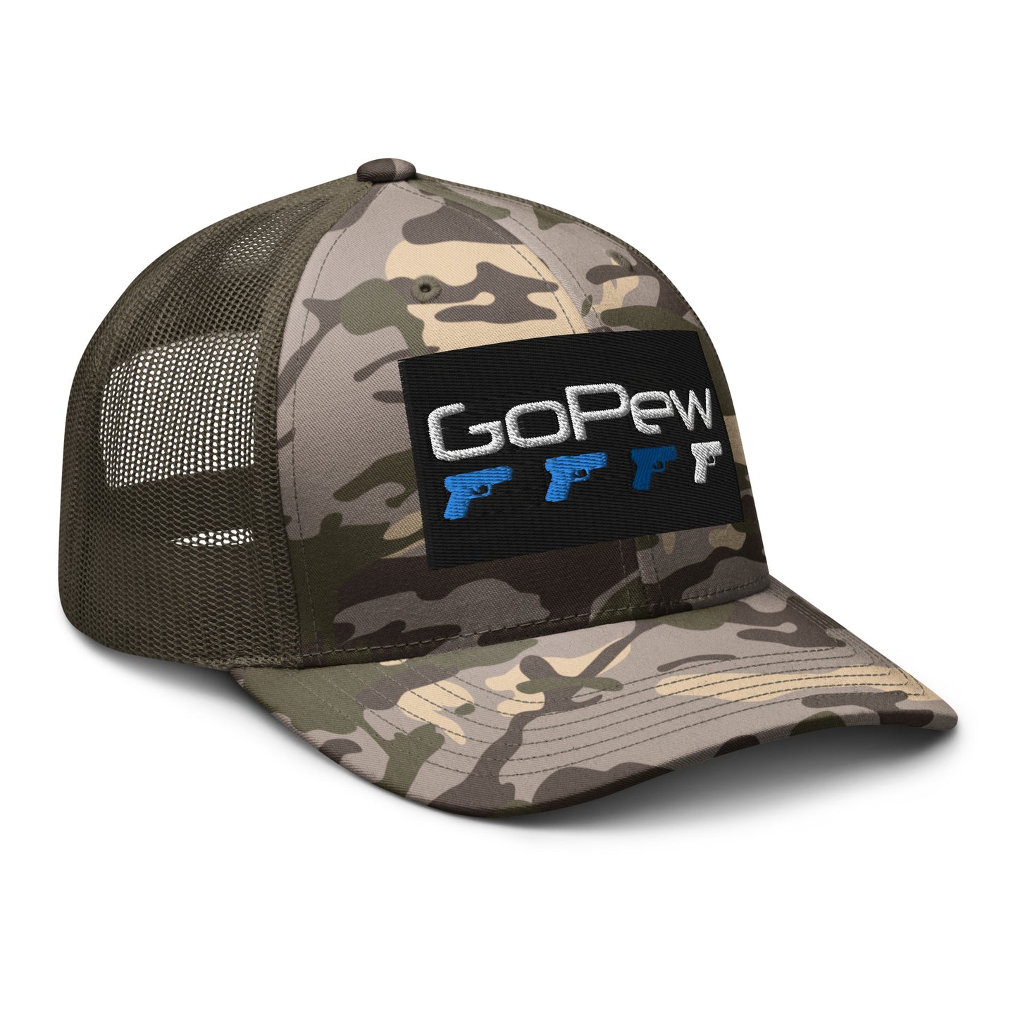 Go Pew Pistols Camouflage trucker hat