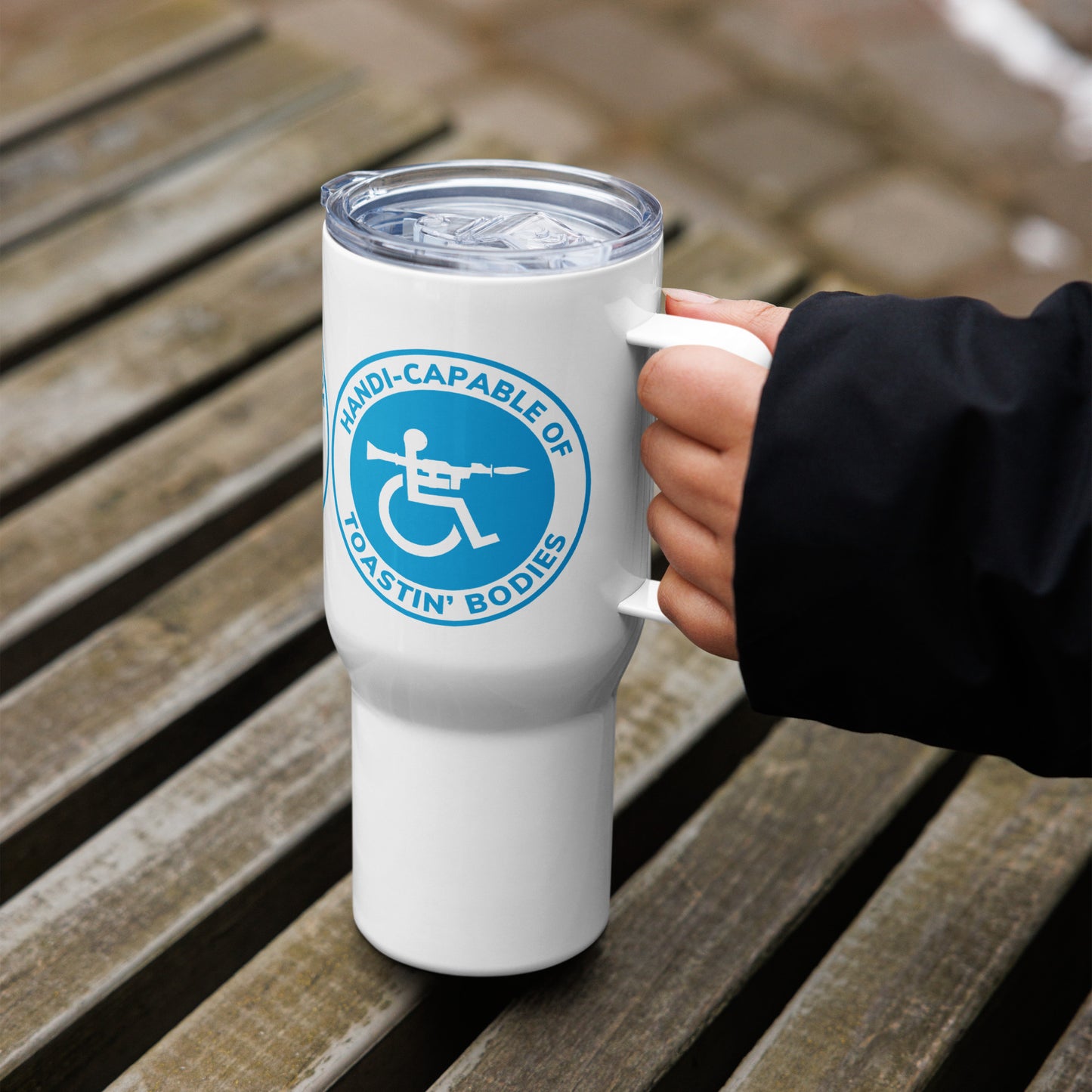 Handi-Capable Travel mug with a handle