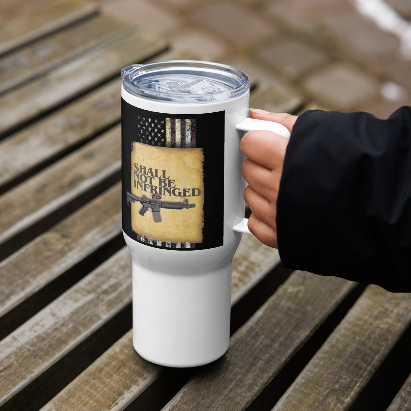 Shall Not Be Infringed-Parchment Travel mug with a handle