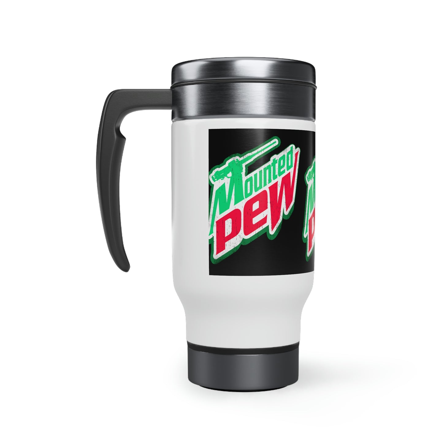 Mounted Pew Stainless Steel Travel Mug with Handle, 14oz